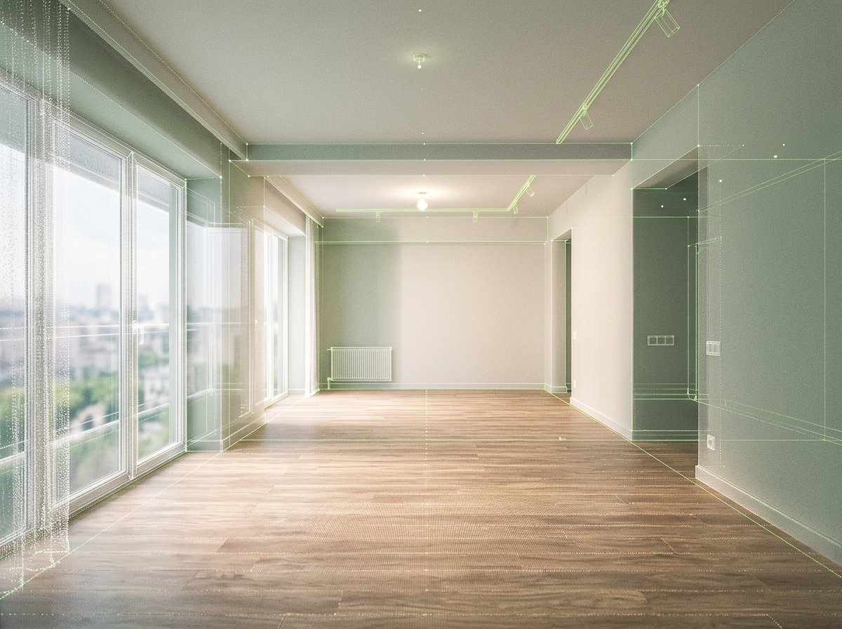 Stylized 3D scan of an empty living room captured during a ZeusView walkthrough